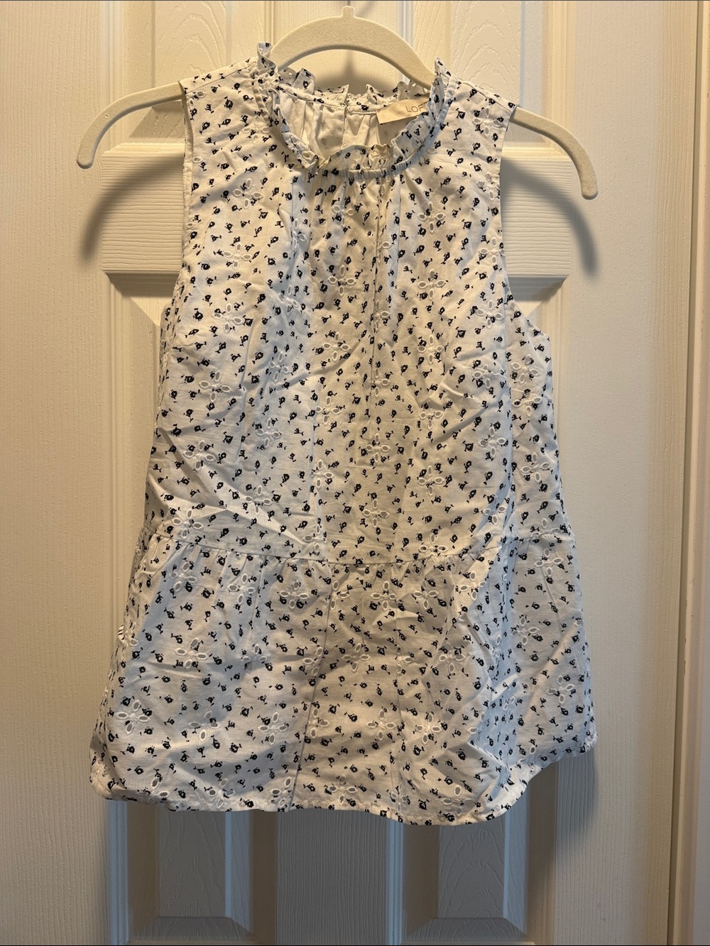 LOFT White Sleeveless Ruffle-Neck Floral Blouse